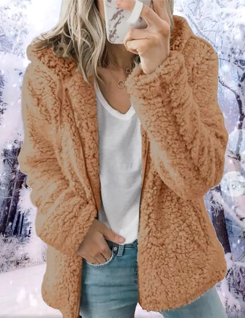 Solid Plush Hooded Zipper Coat