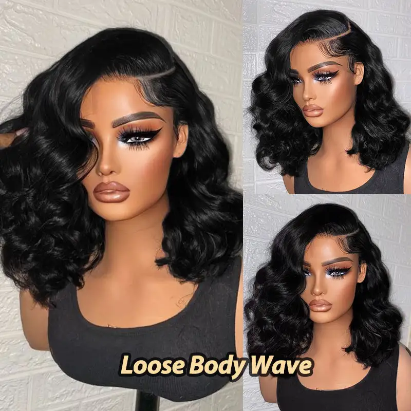 Glueless #1 Jet Black Bob Wig Loose Body Wave Short Lace Wigs 100% Human Hair
