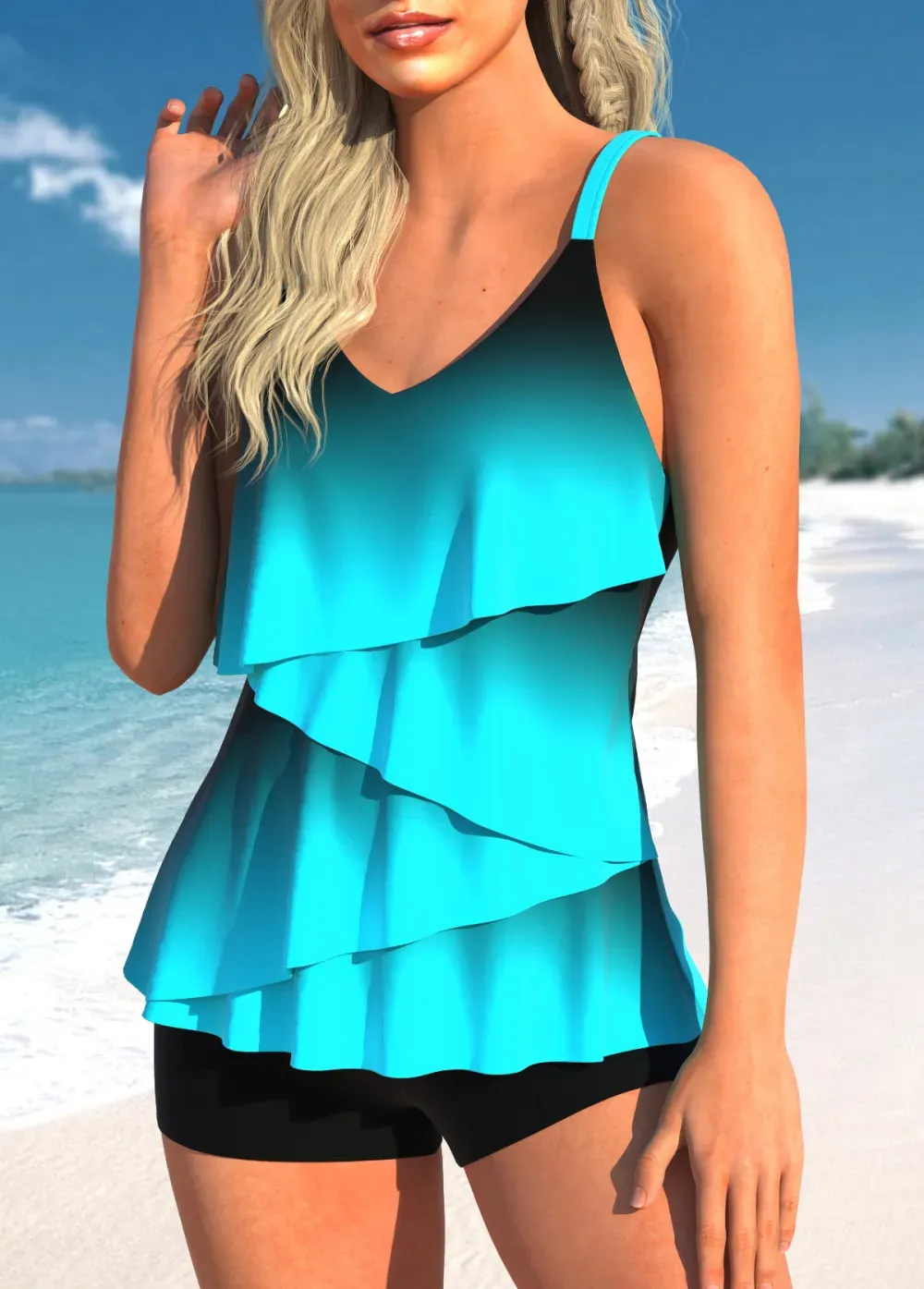 V Neck Patchwork Light Pink Tankini Top