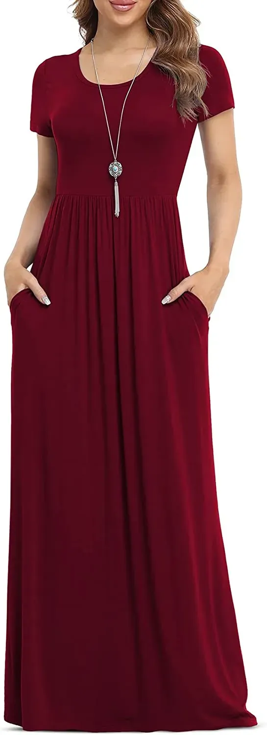 Women's Short Sleeve Loose Plain Maxi Dresses Casual Long Dresses with Pockets