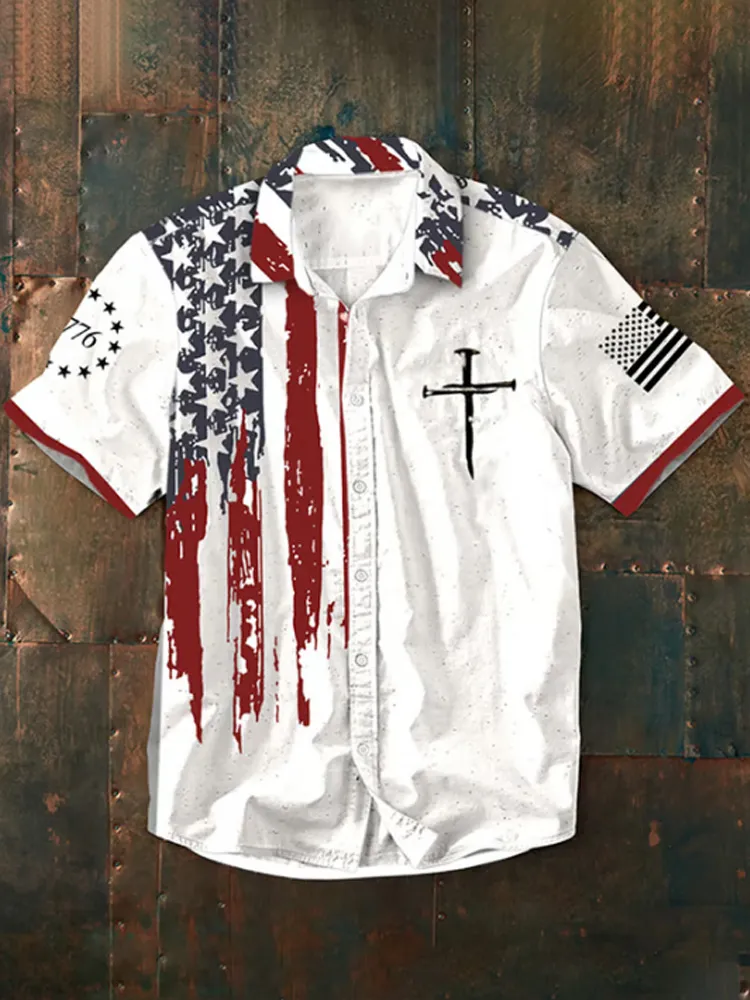 Men's Cross American Flag Print Casual Shirt