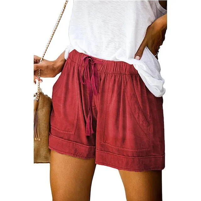 Women‘s Shorts Drawstring Pocket Plain Daily Regular Summer Green Black Pink Orange Red