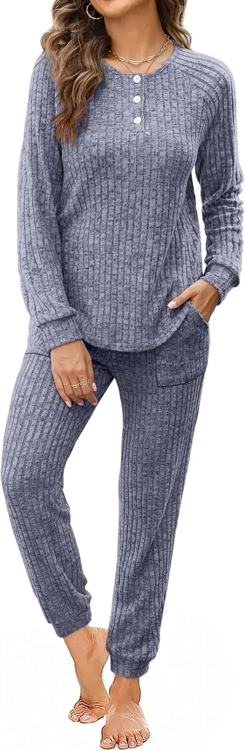Two Piece Outfits for Women Lounge Sets Button Down Sweatshirt Sweatpants Sweatsuits Set with Pockets
