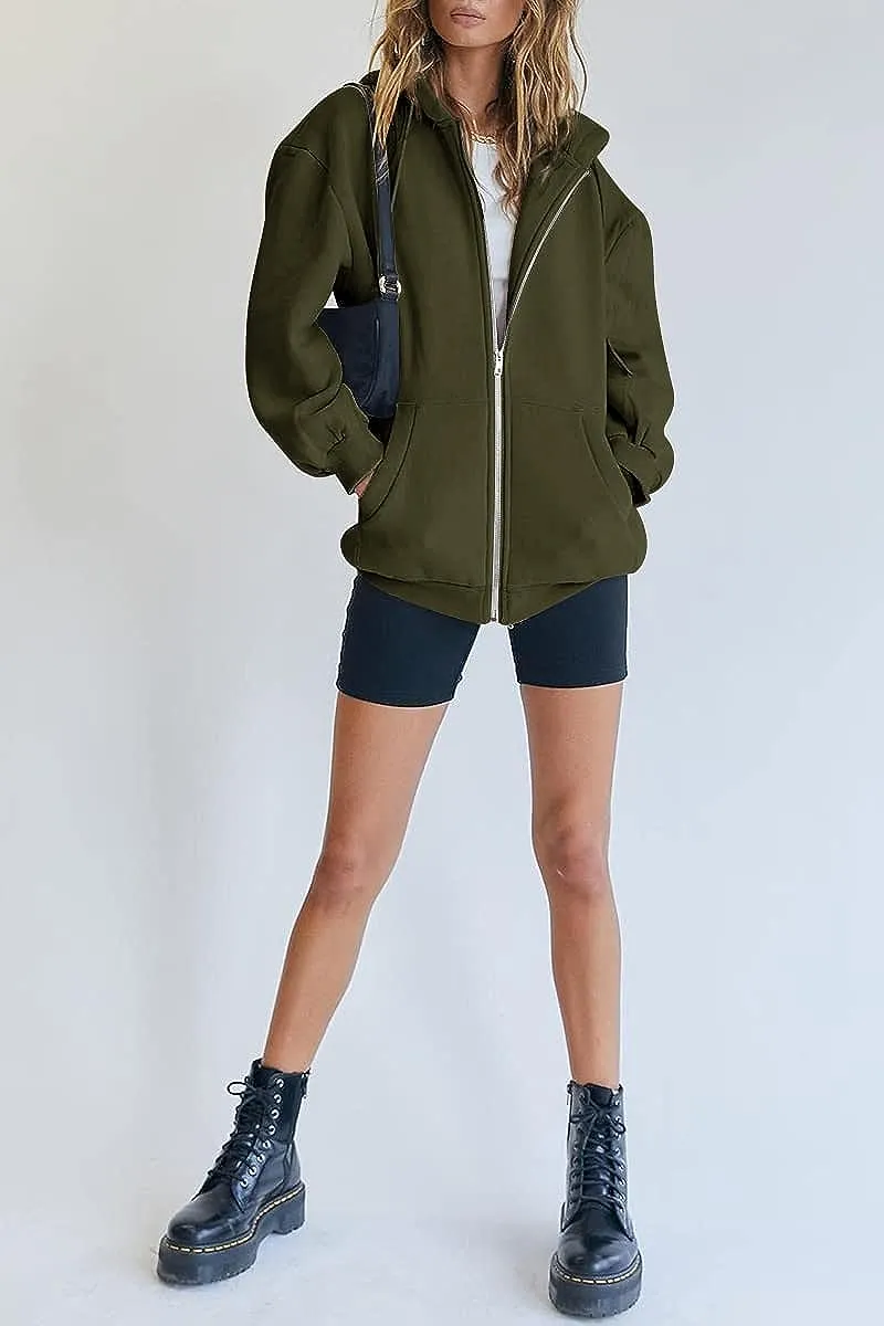 Women's Cute Hoodies Teen Girl Fall Jacket Oversized Sweatshirts Casual Drawstring Zip Up Y2K Hoodie with Pocket