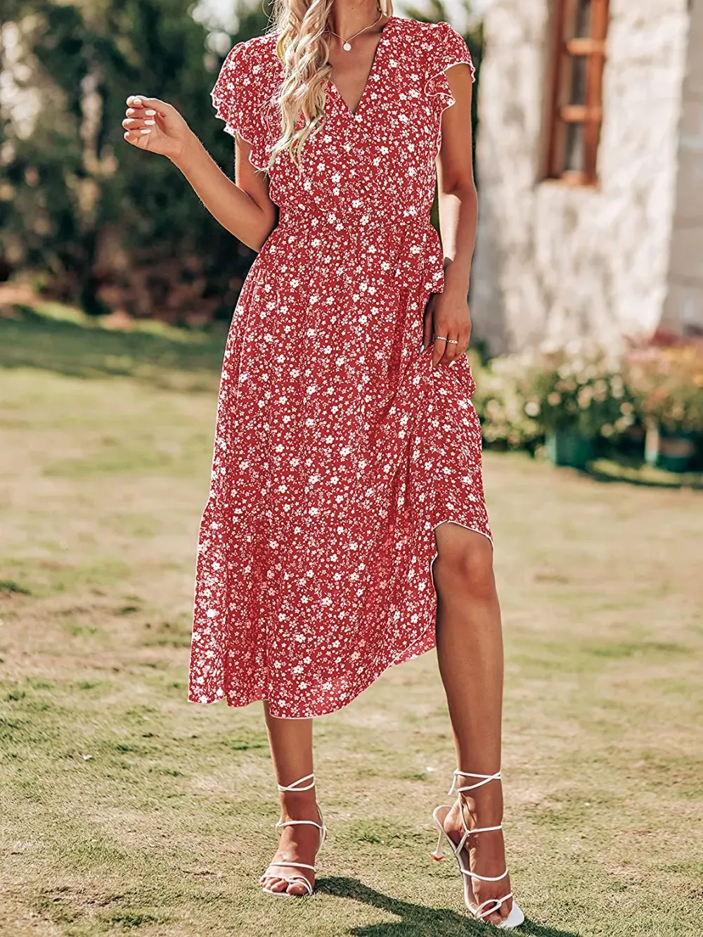 Women Summer Bohemian Floral Casual Wrap V Neck Ruffle Cap Sleeveless Belt A-Line Pleated Hem Swing Midi Sun Dress