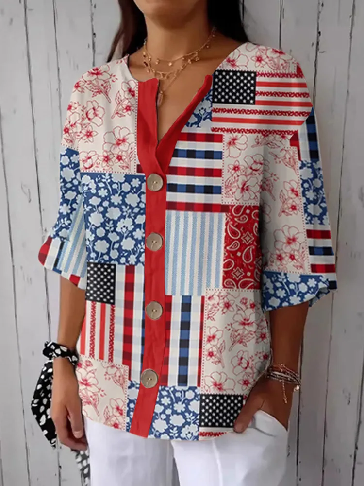 Women's Independence Day American Flag Patch Floral & Paisley Patchwork Line Print Button Linen Blend Shirt