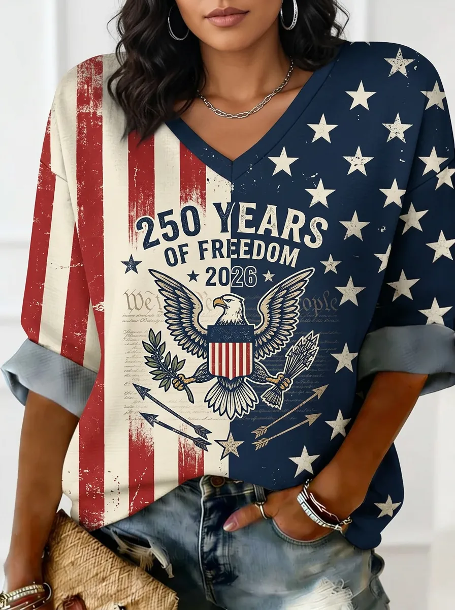 Women's USA Patriotic 250 Years Freedom Eagle Printed V-neck Top