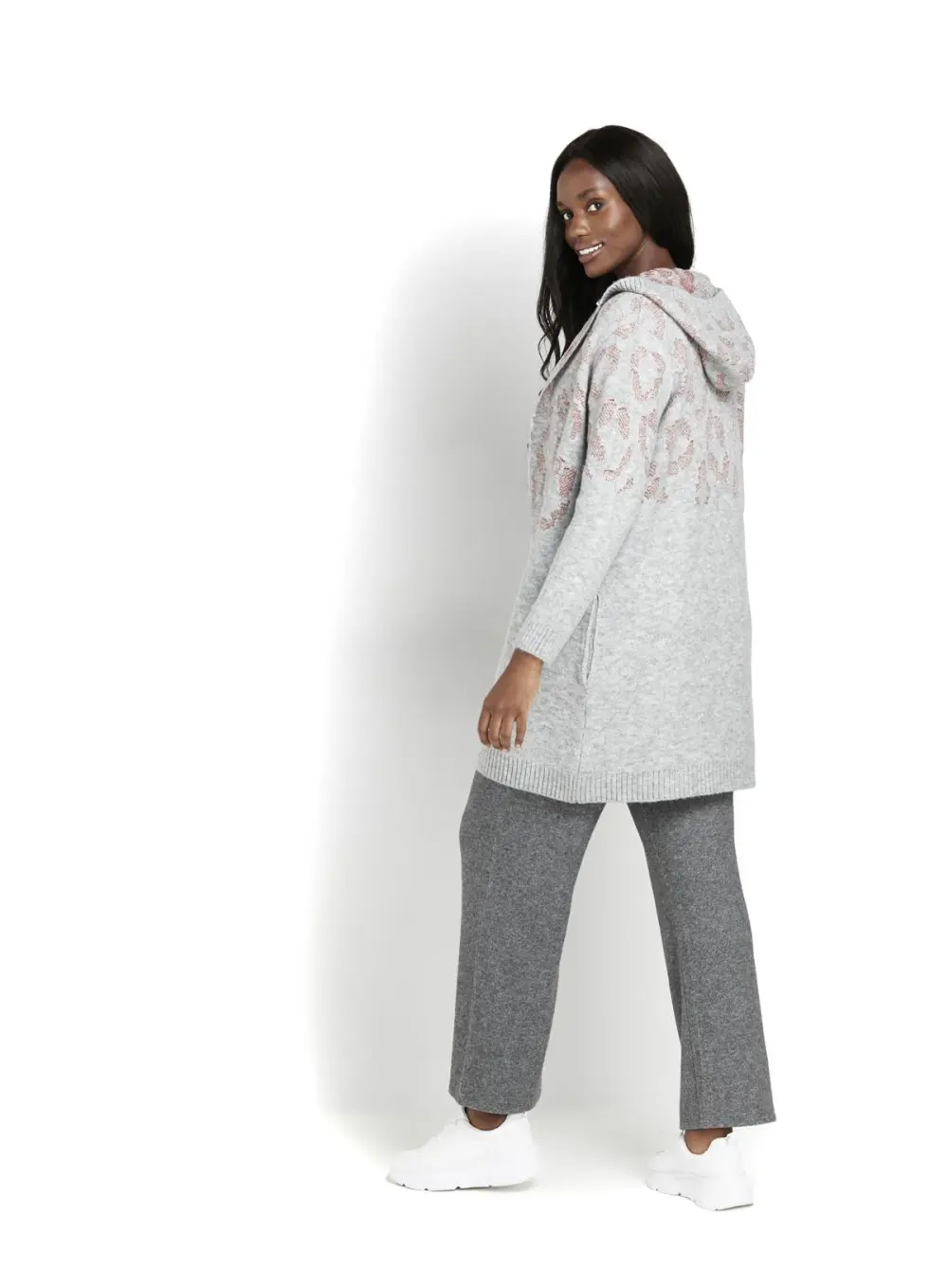 Evans Grey & Pink Leopard Print Hooded Cardigan