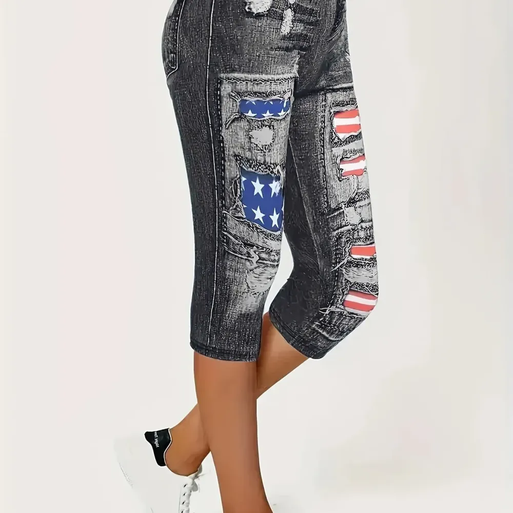 Plus Size Casual Leggings, Women's Plus Flag & Denim Print High Rise Stretchy Capri Leggings