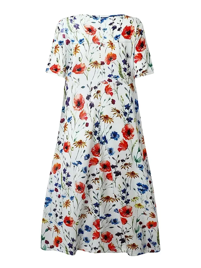 Women's Casual Dress Floral Dress Midi Dress White Short Sleeve Floral Ruched Spring Summer Crew Neck Basic Daily Vacation Weekend 2023 S M L XL XXL 3XL