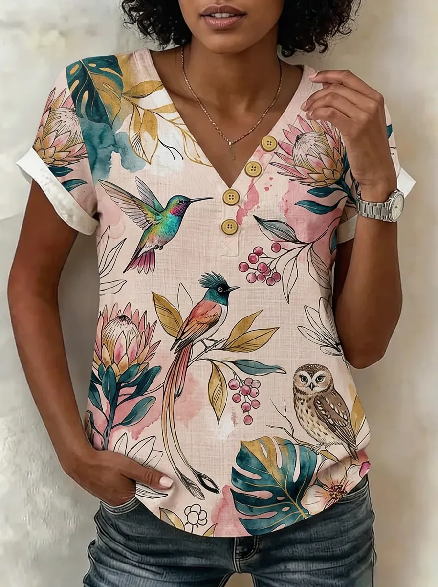 Women's Nashville Nature Hummingbird Owl Floral Printed V-neck Top