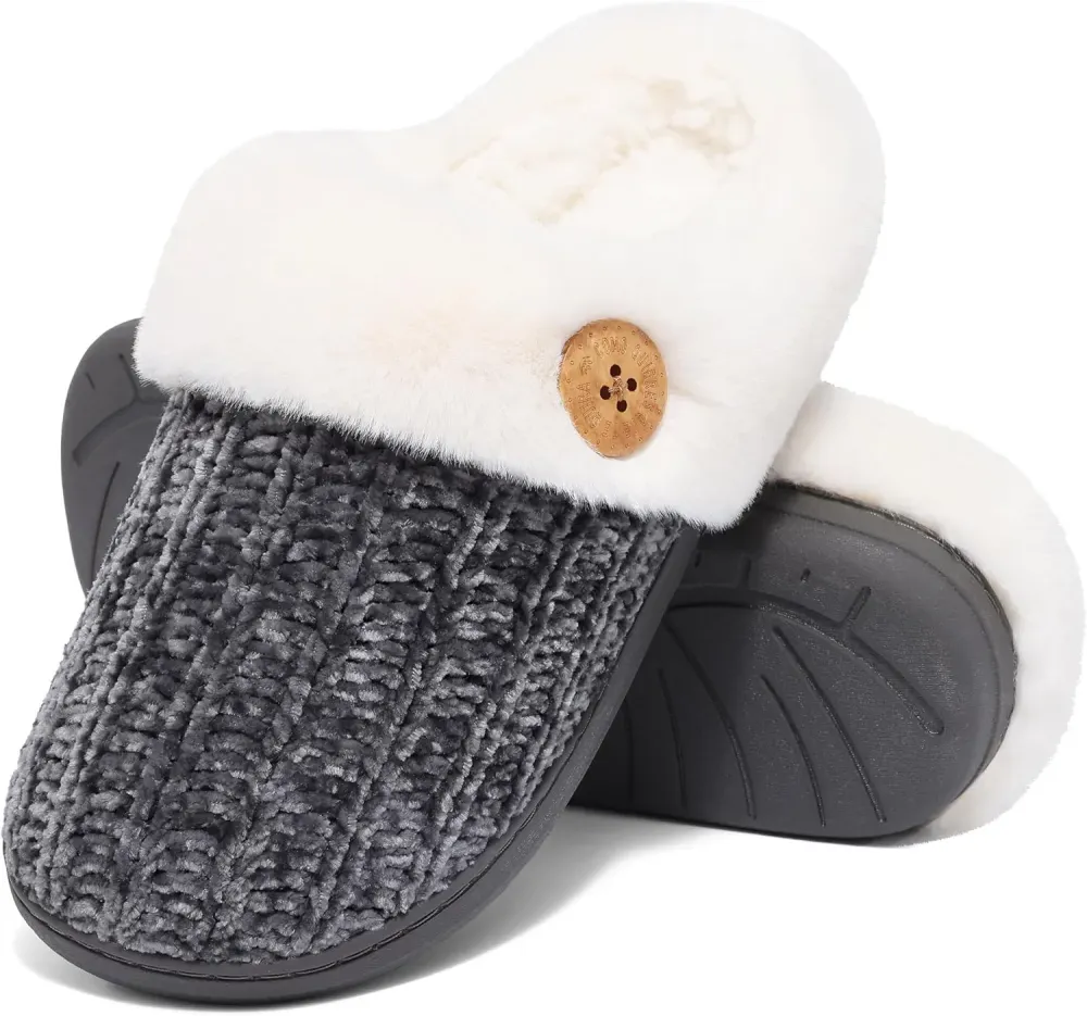Warm Knit House Slippers for Women Comfy Wool-Like Lined Chenille Slippers with Memory Foam and Indoor Outdoor Soles