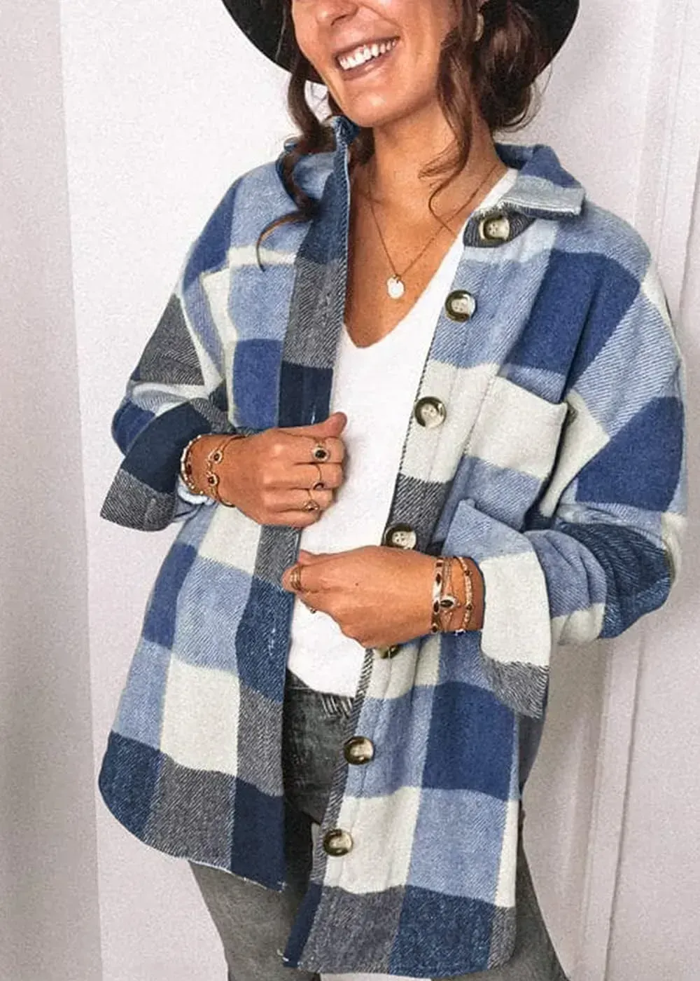 Women's 2023 Fall Clothes Plaid Shacket Jacket Long Sleeve Button Down Flannel Shirts Fashion Blouse