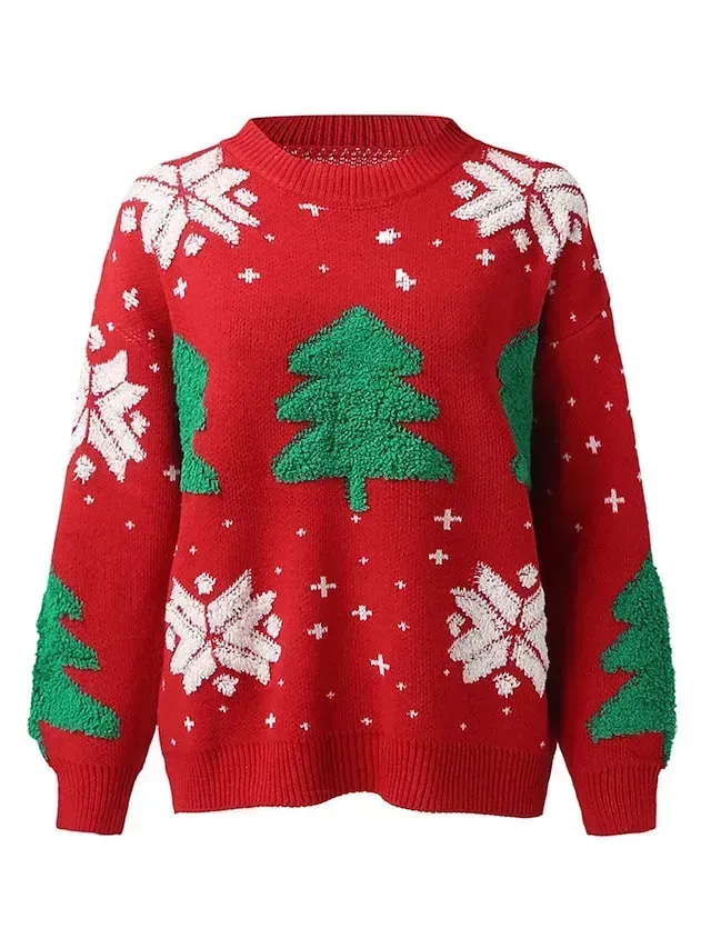 Women's Ugly Christmas Sweater Pullover Sweater Jumper Crew Neck Ribbed Knit Polyester Patchwork Fall Winter Regular Outdoor Xmas Daily Stylish Casual Soft Long Sleeve Elk Striped Snowflake