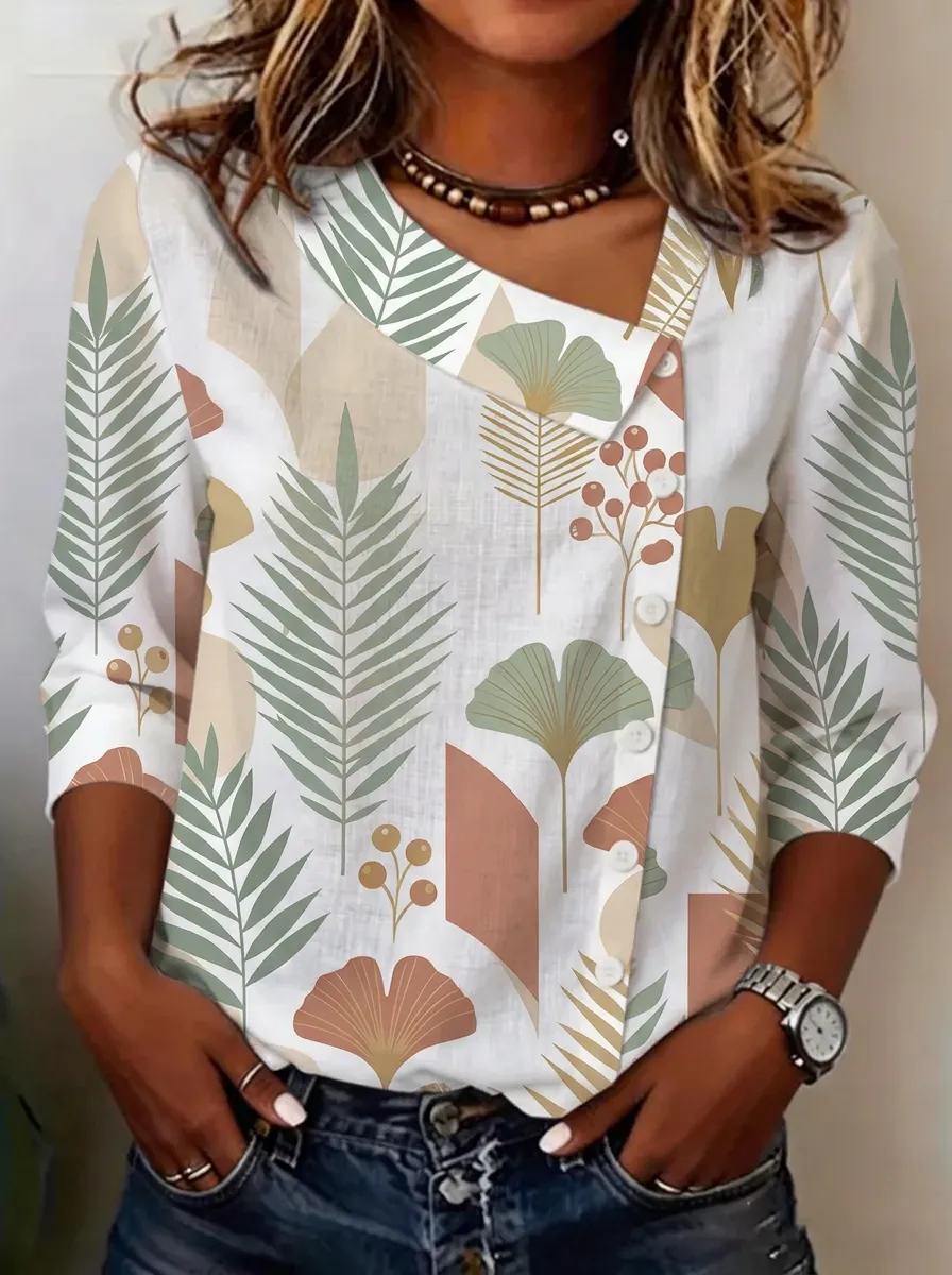 Women's Nashville Botanical Leaf Printed Asymmetric Button Top
