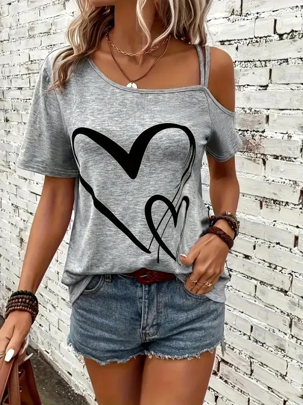 Heart Print Slant Shoulder T-shirt, Casual Short Sleeve Top For Spring & Summer, Women's Clothing