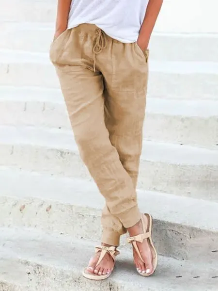 Solid Drastring Casual Linen Pants Women Trousers