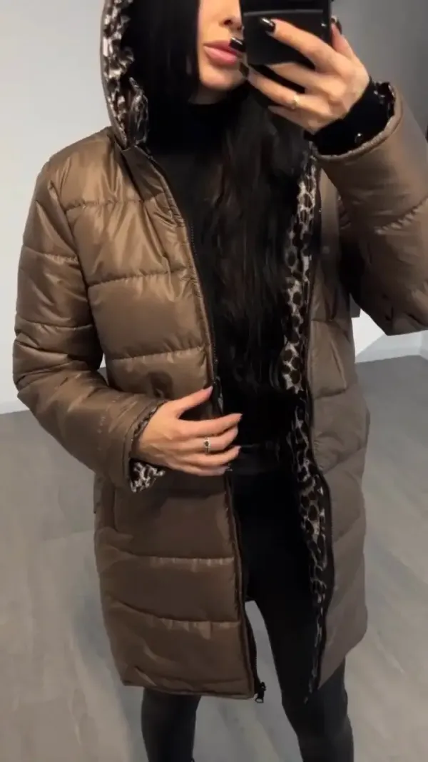 Women's Hooded Leopard  + Solid Color Double-Sided Cotton Coat