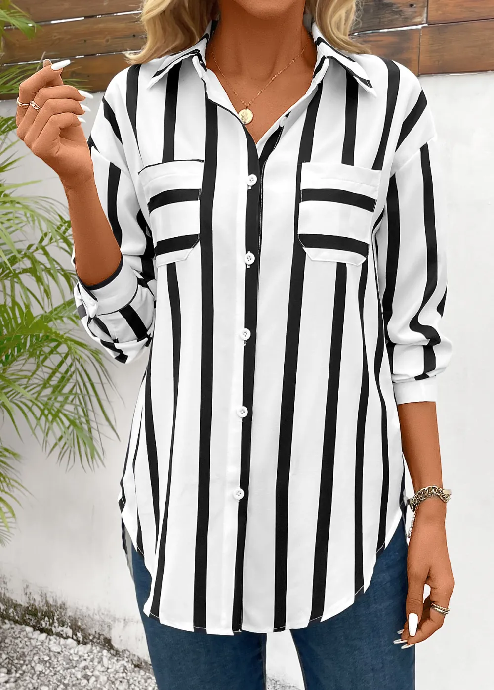 Black Pocket Striped Long Sleeve Shirt Collar Blouse