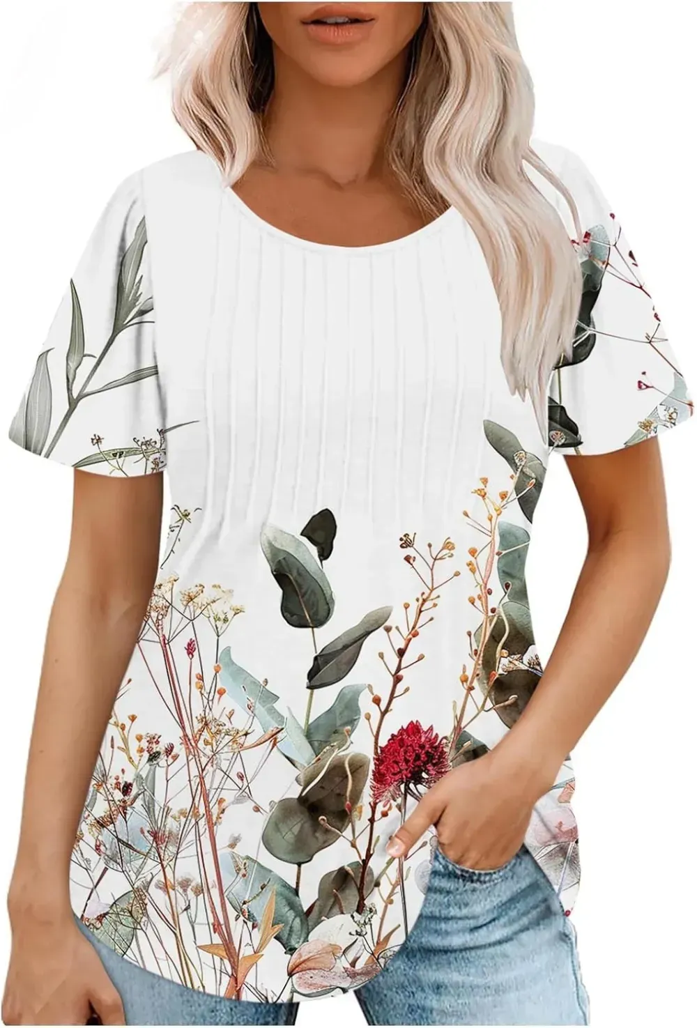 Womens Summer Pleated Front Shirts Tunics Casual Short Sleeved Loose Round Neck Boho Printed Tops Vacation Blouse