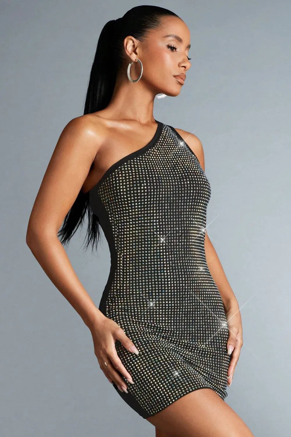 BAE One Shoulder Rhinestone Bodycon Dress