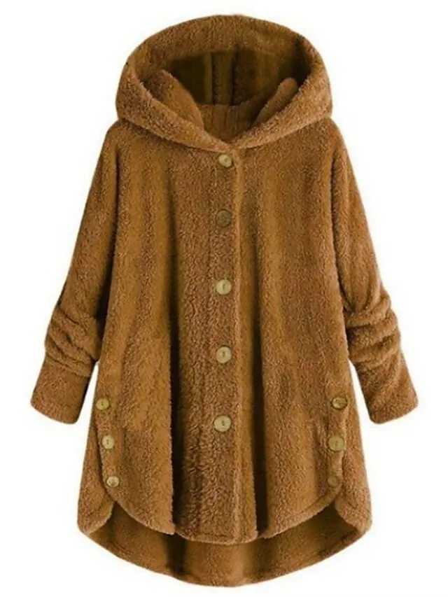 Women's Teddy Coat Fleece Sherpa Jacket with Hood Teddy Bear Jacket Windproof Warm Winter Coat Comtemporary Stylish Plush Jacket Long Sleeve Leopard Black Pink Wine