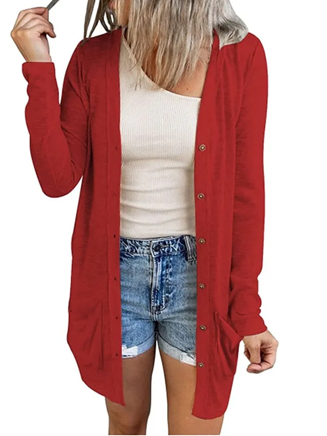 Women's Cardigan Sweater Cowl Ribbed Knit Polyester Button Summer Spring Outdoor Home Halloween Casual Soft Long Sleeve Solid Color Black White Light Green S M L