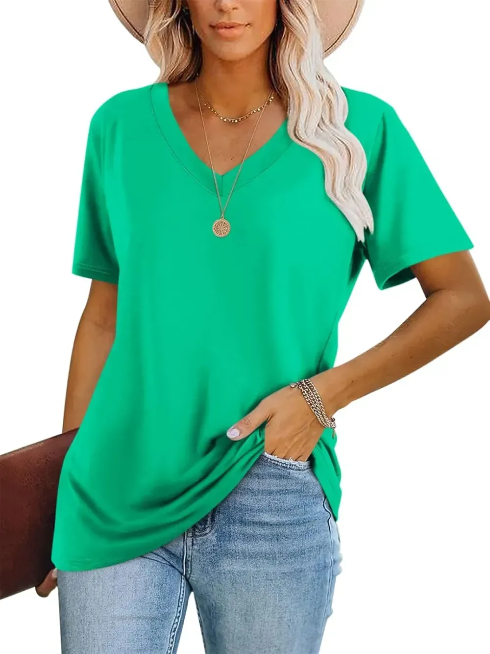 ORANDESIGNE Women's Color Block Short Sleeve T Shirts Casual V Neck Summer Tops Tees Loose Fit Blouses