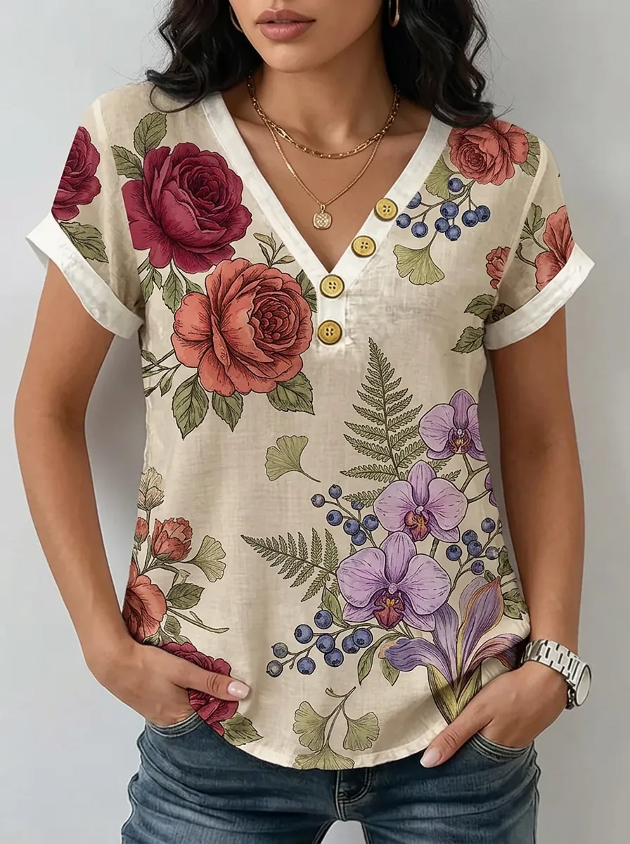 Women's Nashville Botanical Rose Orchid Printed V-Neck Button Top