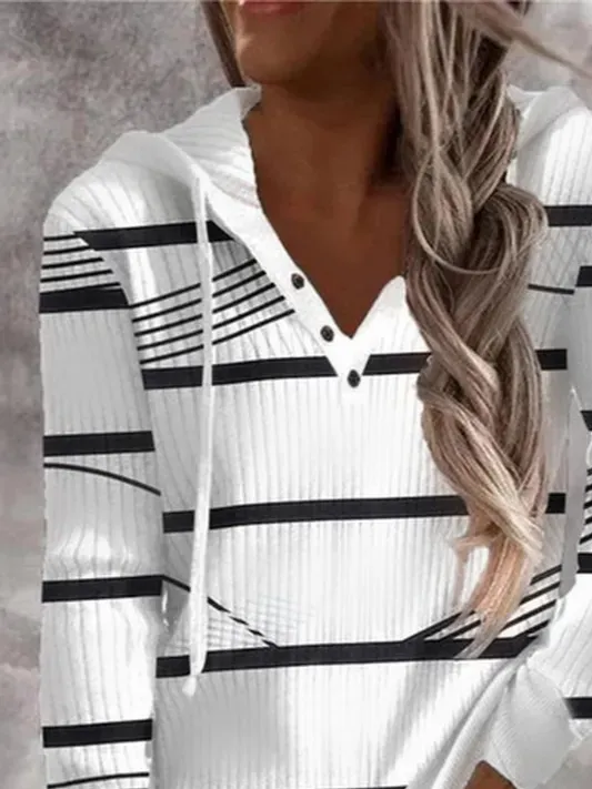 Women Striped Casual Color Block Basic Button Drawstring Hoodie