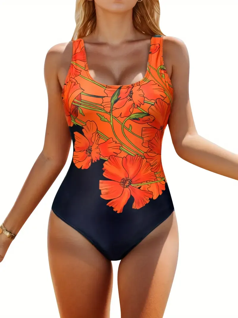 Popular Women'S One-Piece Swimsuit with a Fitted Design, Showcasing The Waist, Featuring a Round Neck And Floral Patterns with White Borders.