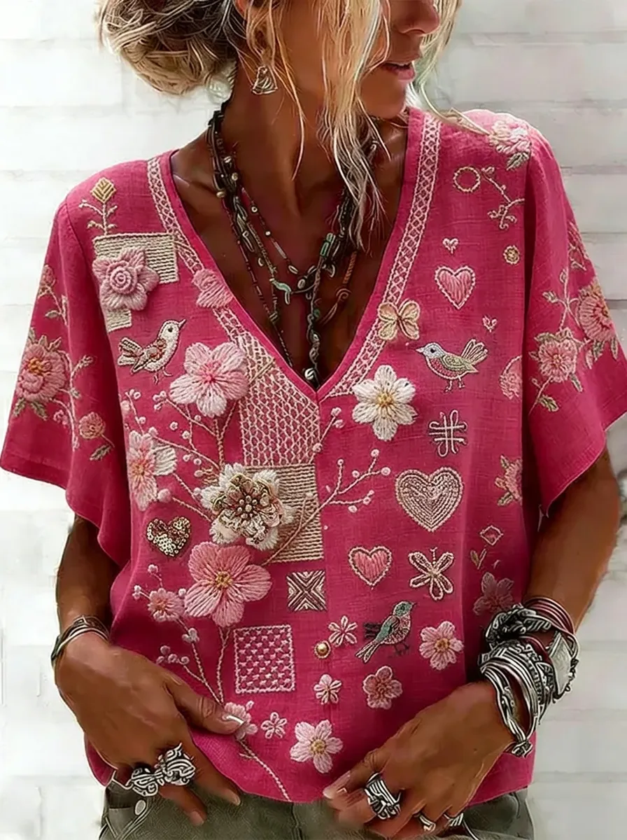 Women's Nashville Floral Bird Heart Embroidered Printed Top