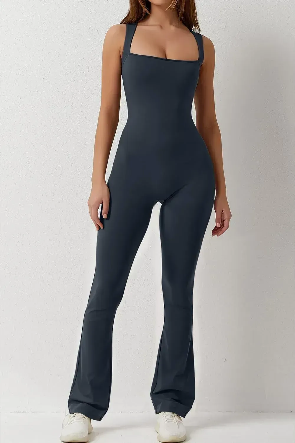 Flare Jumpsuits for Women Strappy Square Neck Bodycon Full Length Long Pants Casual Playsuit