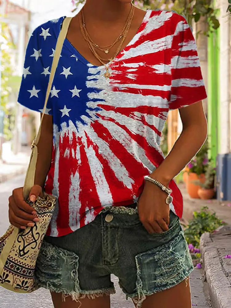 Women's Independence Day Print V Neck T-shirt