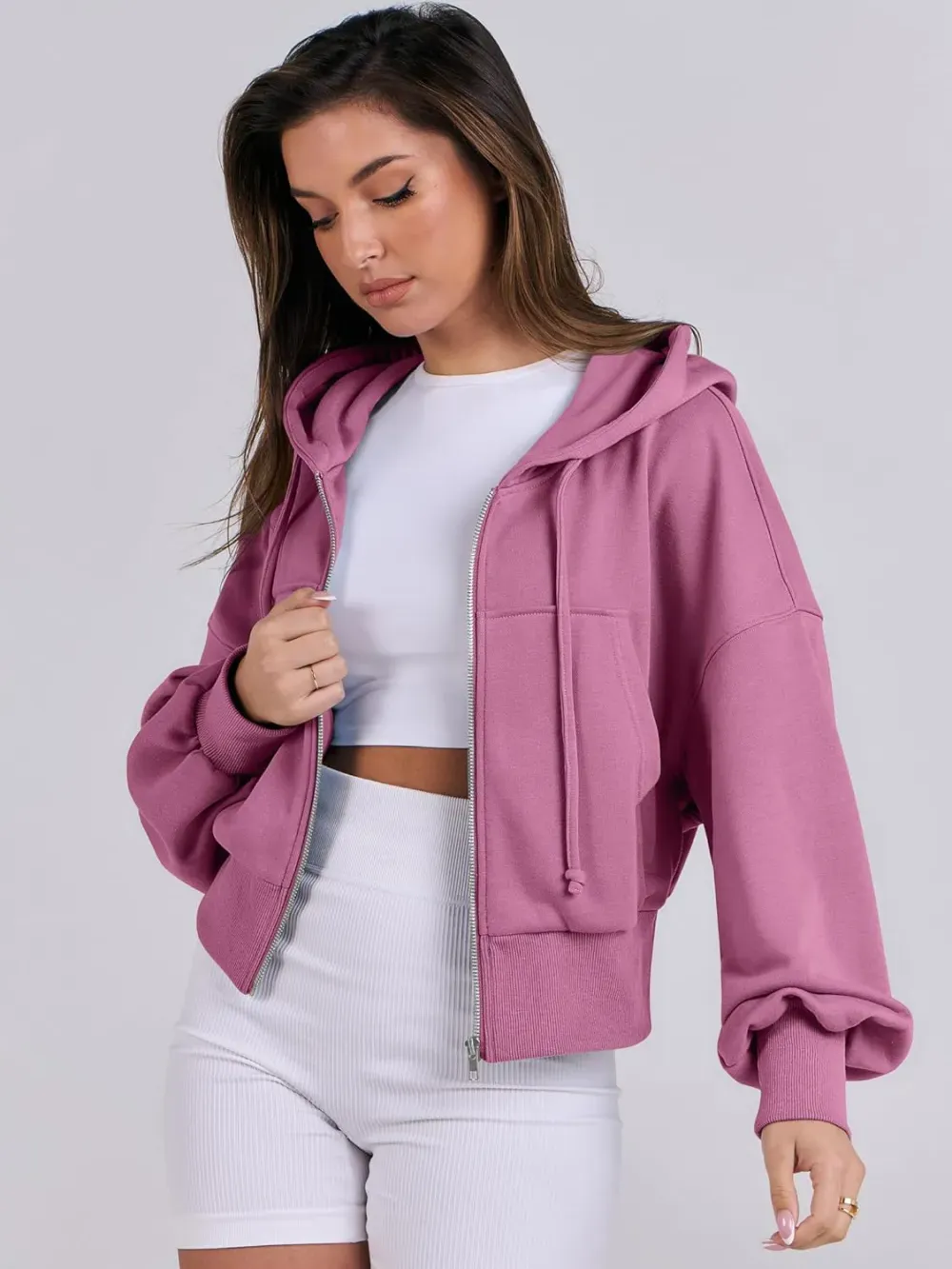 Women's Zip Up Hoodies Cropped Sweatshirts Full Zip Jackets Casual Fashion Fall Outfits Winter Clothes