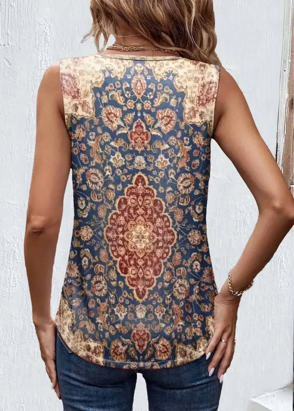 Blue Patchwork Tribal Print Sleeveless V Neck Tank Top