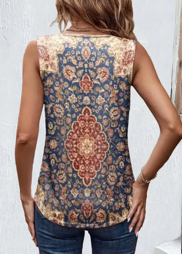 Blue Patchwork Tribal Print Sleeveless V Neck Tank Top