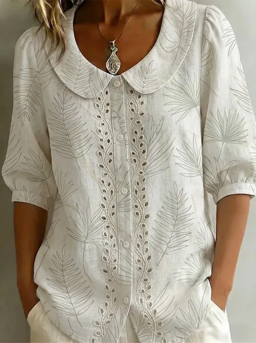 Women's Nashville Botanical Fern Printed Eyelet Button-up Top