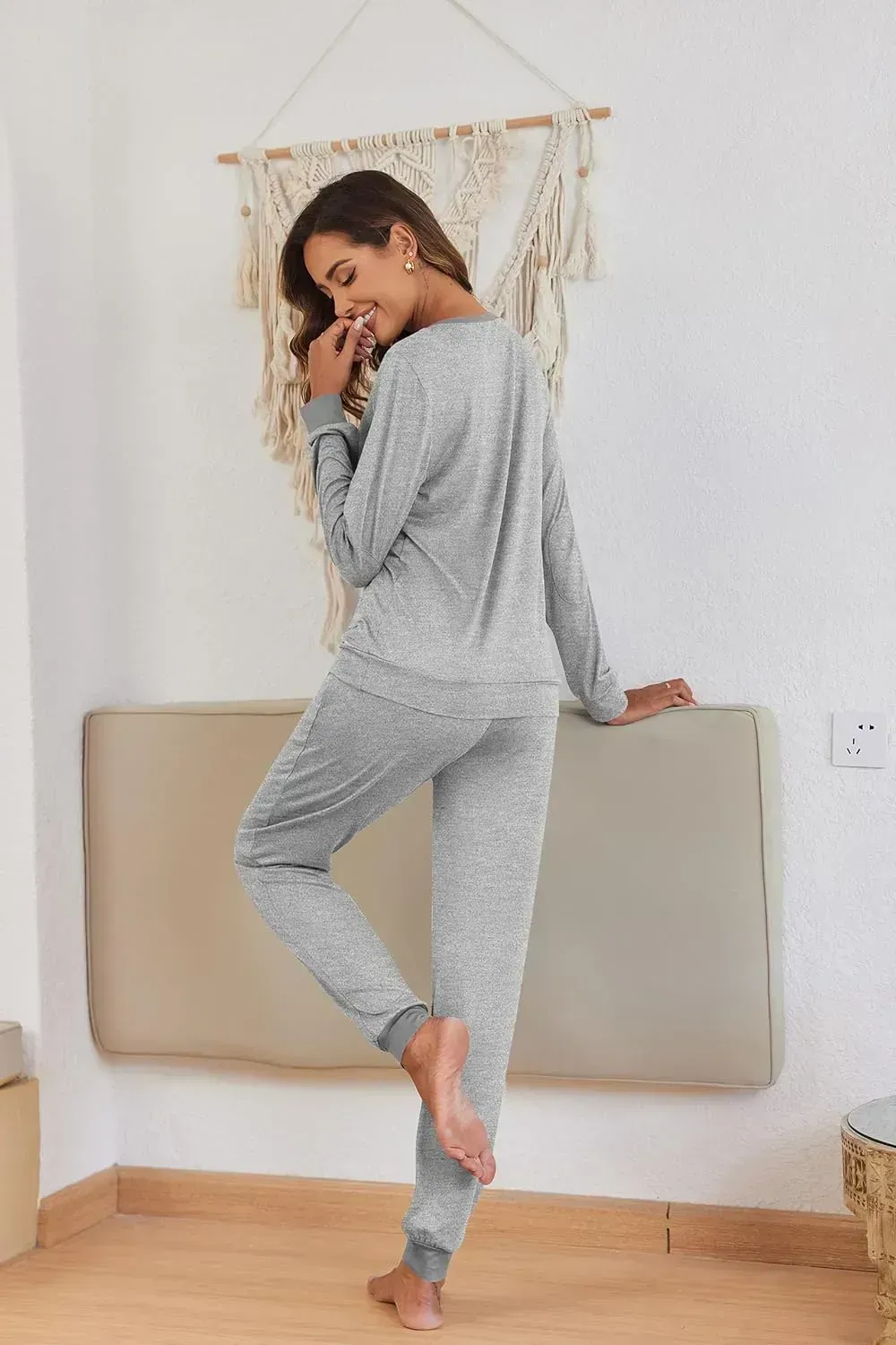 Women's Pajamas Sets Long Sleeve with Plaid Pants Soft Sleepwear O Neck 2 Piece Pjs Joggers Loung Set with Pockets