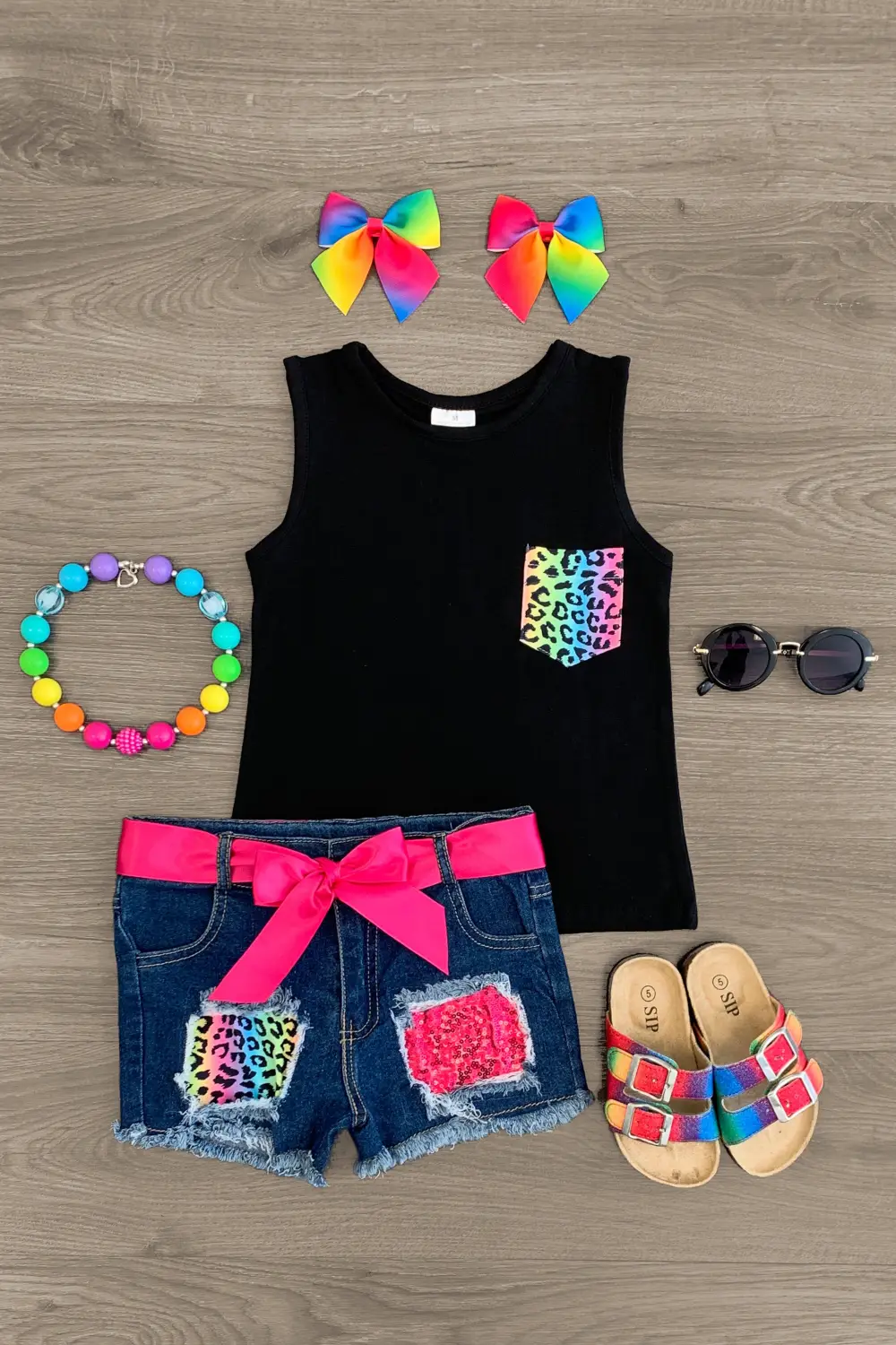 Rainbow Cheetah Denim Short Set