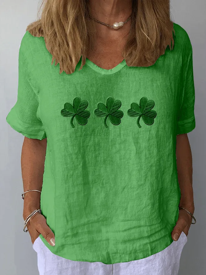 Women's St. Patrick's Day Casual V-Neck Cotton And Linen Top