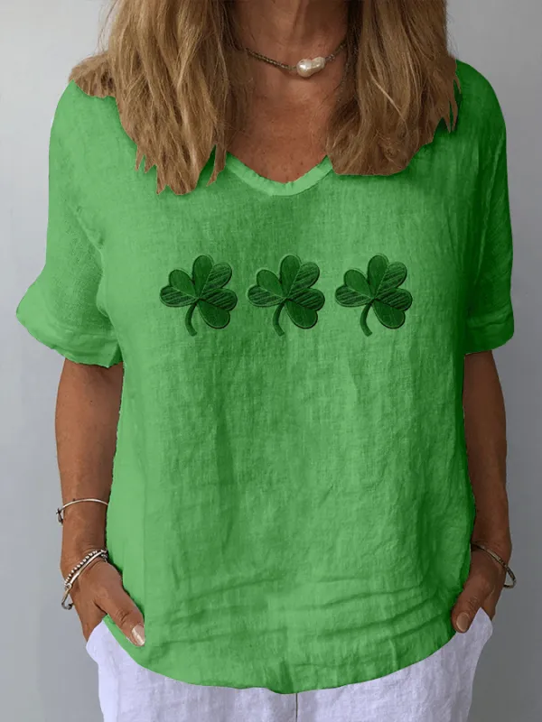Women's St. Patrick's Day Casual V-Neck Cotton And Linen Top