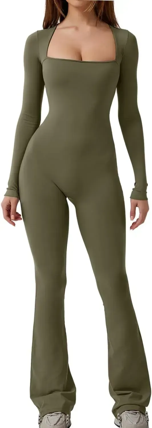 Long Sleeve Jumpsuits for Women Square Neck Wide Leg Full Length Romper Playsuit