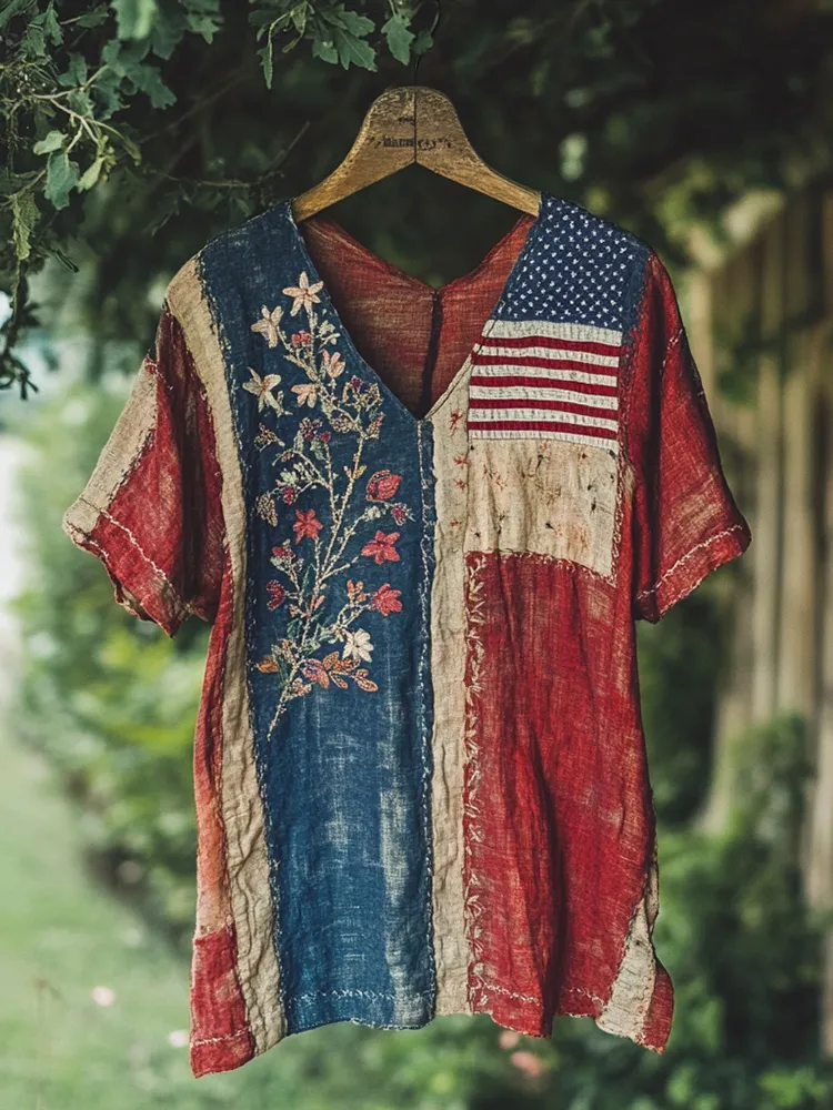 Independence Day Flag Flower Print V Neck T-shirt