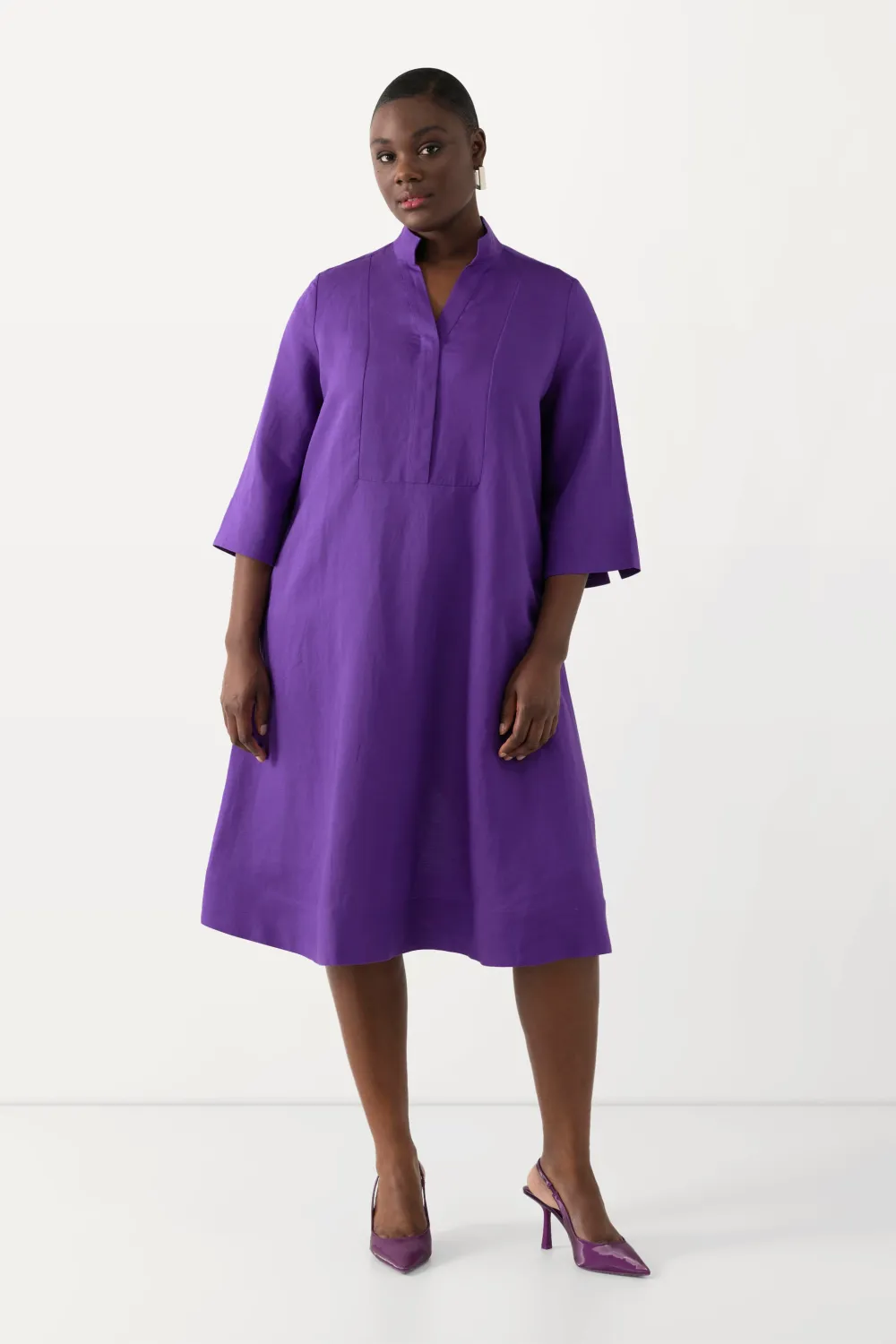 Midikleid, Leinenmix, A-Linie, V-Ausschnitt, 3/4-Arm