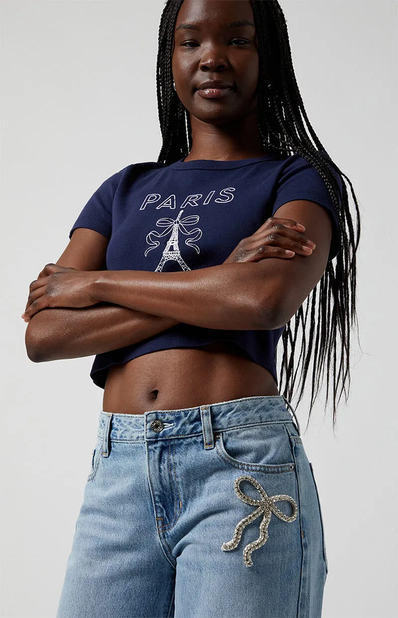 PacSun Casey Rhinestone Bow Low Rise Baggy Jeans Light Indigo