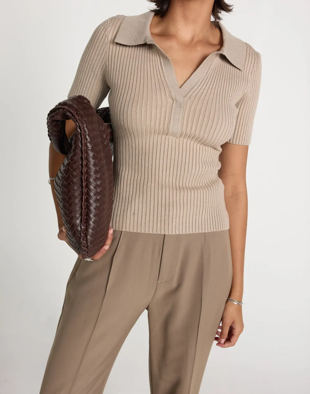 Cropped Ribbed Lapel Slim T-Shirt