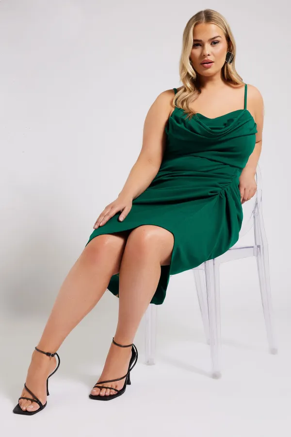 YOURS LONDON Curve Green Cowl Neck Gathered Dress