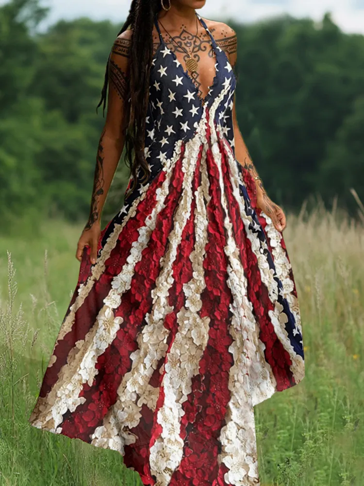 Independence Day Flag Floral Art Inspired Patchwork Maxi Dress
