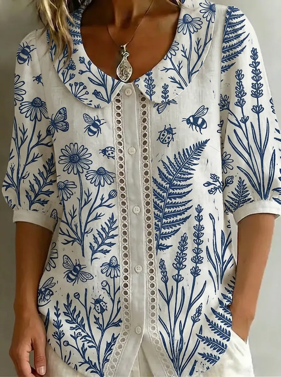Women's Nashville Nature Lover Bee Floral Printed Button-up Shirt
